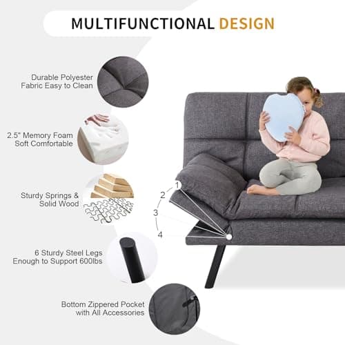 Convertible Memory Foam Futon Couch Bed, Adjustable Backrests Armrests Sleeper Sofa, Modern Love Seat Daybed for Living Room, Small Space, Office, 71, Linen Grey