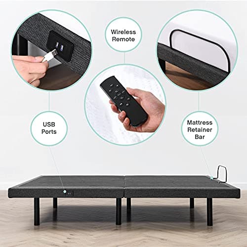 Ergonomic Adjustable bed base 2.0 with massage, wireless remote, USB port, full size