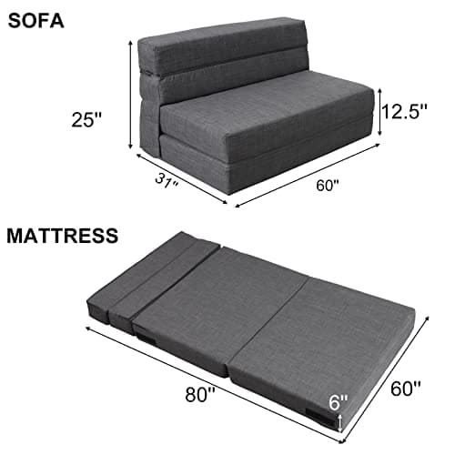 ANONER 60" Foldable Sofa Bed Queen Size Dark Gray Memory Foam Couch