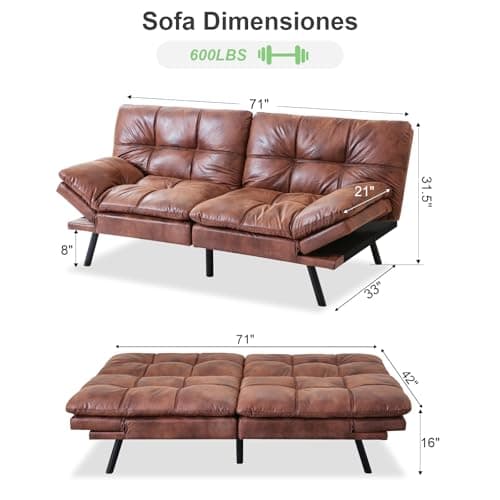 MUUEGM Cognac Memory Foam Futon Sofa Bed for Small Space and Office Use with Adjustable Backrest and Removable Armrests