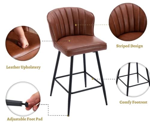 EALSON Brown Counter Height Bar Stools Set of 2 Modern Leather Bar Chairs