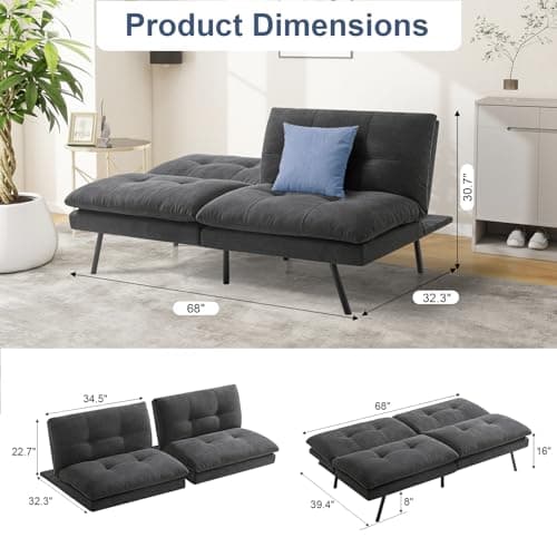 Convertible Memory Foam Futon Sofa Bed - Adjustable Backrest, Gray to Black
