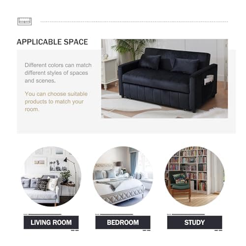 55.51" Black Velvet Futon Sofa Bed with Pullout Bed & Adjustable Backrest