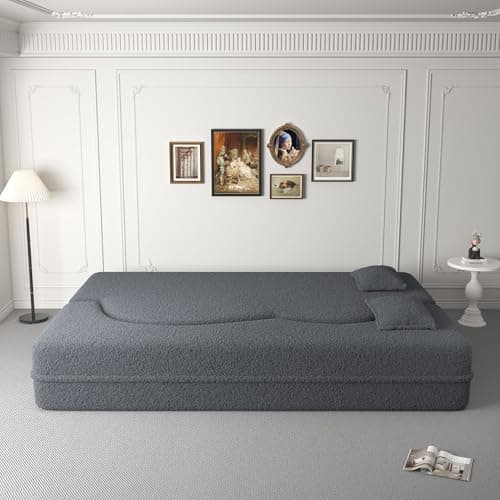 78" Queen Sleeper Sofa Bed, Modern Grey Teddy Fabric, Gray Folding Mattress, Living Room Couch