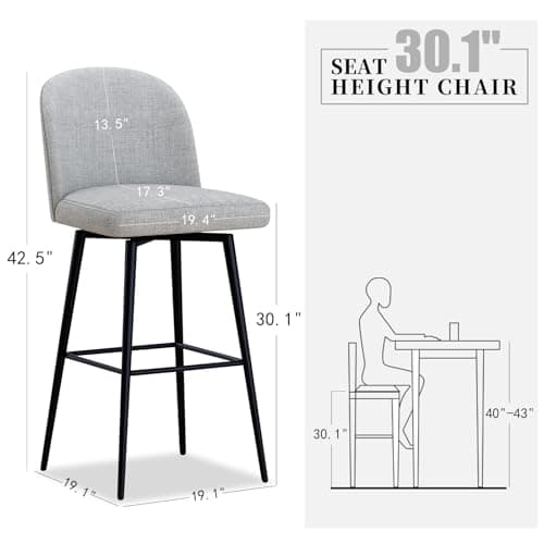 Modern Swivel Bar Stools Set of 2, High Back 30 Height with Metal Legs, Light Grey Linen Fabric Counter Height Bar Chair for Bar, Kitchen, Dining Room