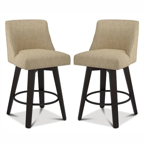 Counter Height Bar Stools Set of 2 with Swivel and Back, 26In Height, Solid Wood Stand, Fabric Upholstered, Thicken Cushion Back, Tan Brown