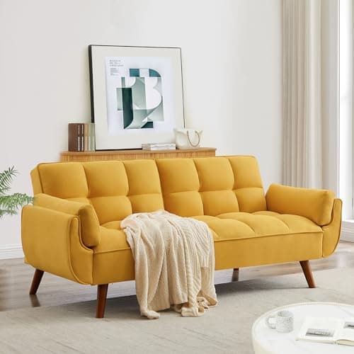 Golden Yellow Convertible Futon 3 Seater Sofa Bed, Linen Upholstery, Modern Design