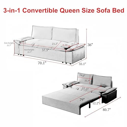 Oversized 3-in-1 Queen Size Velvet Sleeper Sofa Bed Lounge