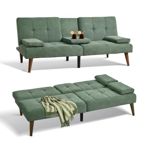 COLAMY Convertible Futon Sofa Bed, Light Grey, 2 Cup Holders
