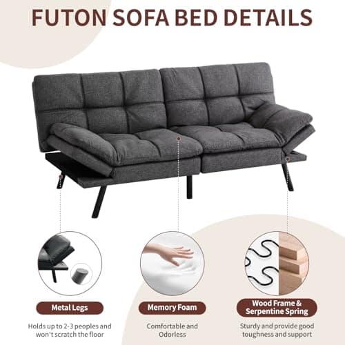 MUUEGM Linen Dark Grey Memory Foam Convertible Futon Couch Bed, 71" Adjust Backrest Armrests.