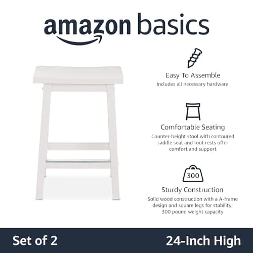 Amazon Basics White 24 Inch Saddle Seat Kitchen Barstool - Set of 2