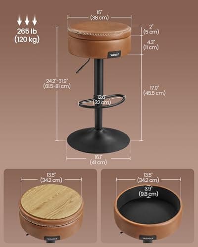VASAGLE EKHO 360° Swivel Bar Stool, Height Adjustable with Storage, Caramel Brown