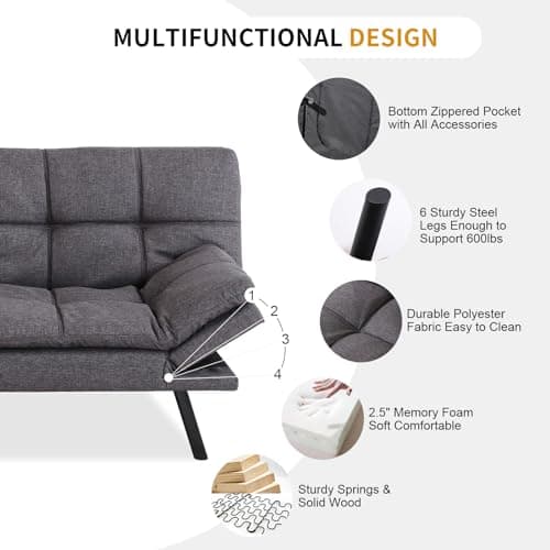 Convertible Futon Sofa Bed with Memory Foam, Adjustable Full Size Recliner, Dark Grey, for Living Room or Office