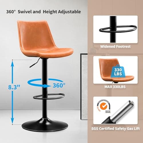 X-Large Footrest Ergonomic Whisky Brown Bar Stool Set of 2