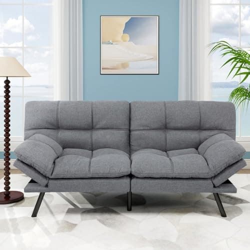 MUUEGM Linen Memory Foam Convertible Sofa Bed, 71", Light Grey, Living Room Sleeper Couch