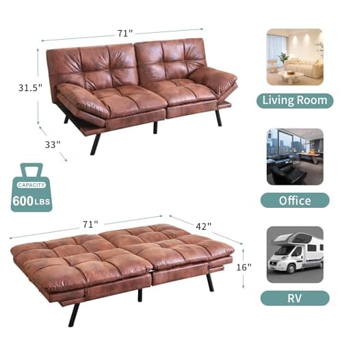 Memory Foam Futon Sofa Bed with Adjustable Backrest in Brown for Living Room