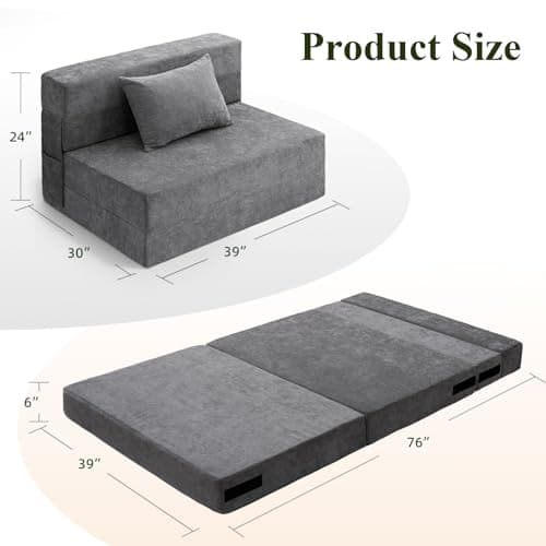 HOMFINE Folding Sofa Bed - Convertible Chair with Pillow, Gray
