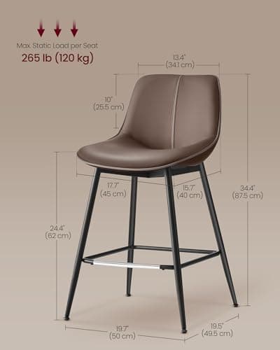 VASAGLE Counter Height Bar Stools Set of 2, Ergonomic Backrest, Chestnut Brown
