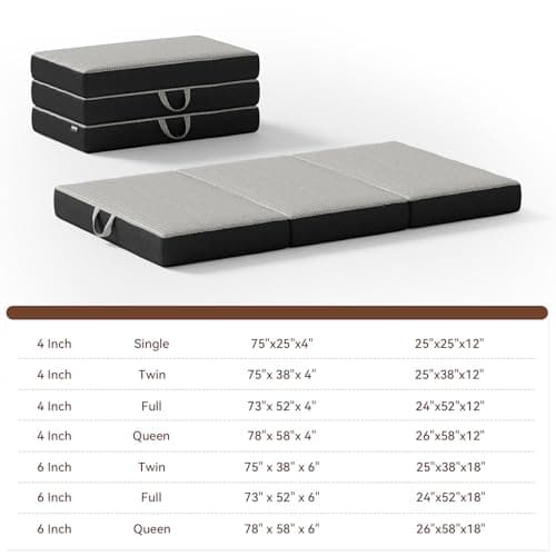 Portable Memory Foam Trifold Mattress - Twin, 6" Thick, Foldable & Washable 75"x38"x6"