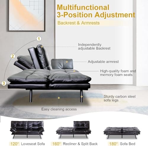 Memory Foam Convertible Futon Sofa Bed Black