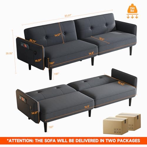 83" Adjustable Backrest Futon Couch Bed with Type-C Charging Port, Black Sofa Bed