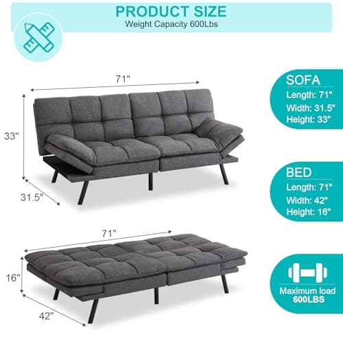 MUUEGM Dark Gray Memory Foam Adjustable Armrest Sofa Bed