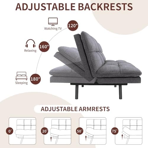 MUUEGM Linen Dark Grey Memory Foam Convertible Futon Couch Bed, 71" Adjust Backrest Armrests.