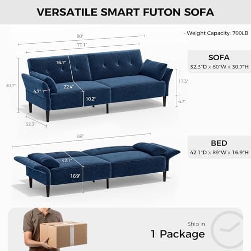 89" Velvet Fabric Comfy Futon Couch Bed with Adjustable Backrest & Armrests for Living Room Sleepers