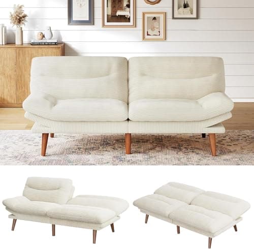 Marsail Corduroy Futon Sofa Bed, Adjustable Backrest, White