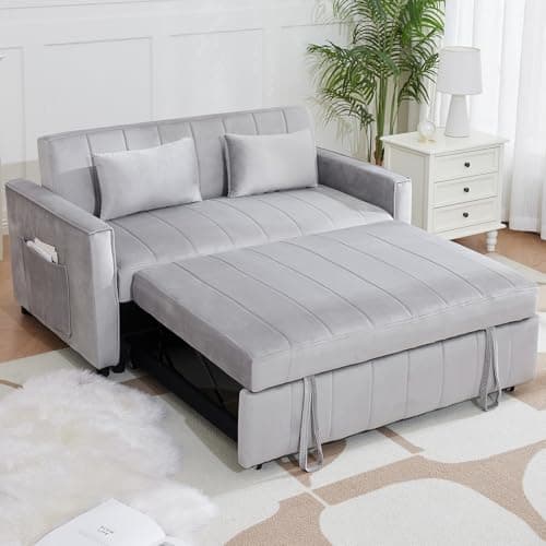 55.51" Black Velvet Futon Sofa Bed with Pullout Bed & Adjustable Backrest