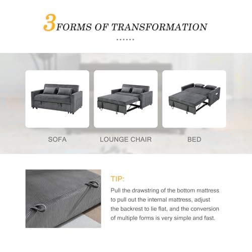 Grey 3-in-1 Futon Sofa Bed with Adjustable Backrest