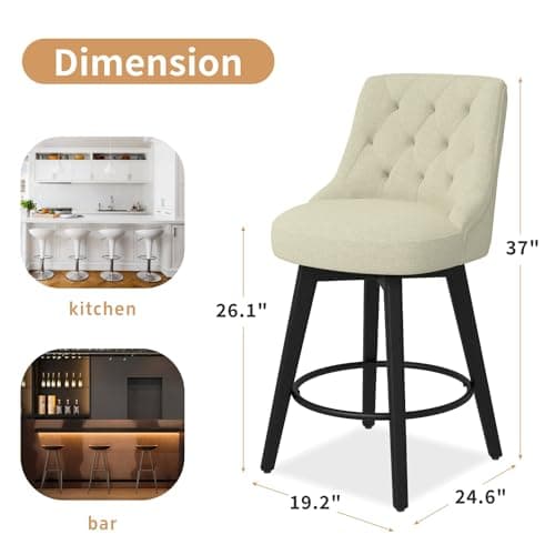 Modern Swivel Bar Stools Set of 2, Counter Height with Back, Solid Wood Legs, Ivory White