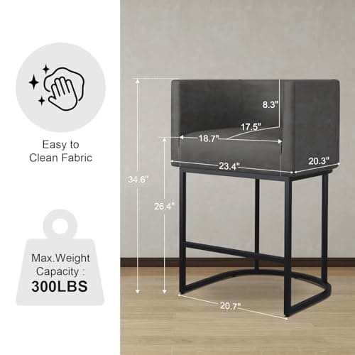 Modern counter height bar stool with backrest and cushion seat.