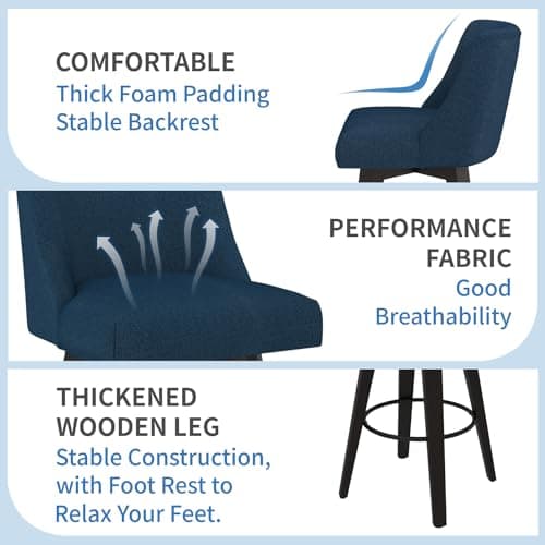 360°Swivel Navy Blue Bar Stools Set of 2 with Wooden Legs and Back for Kitchen Island and Bar