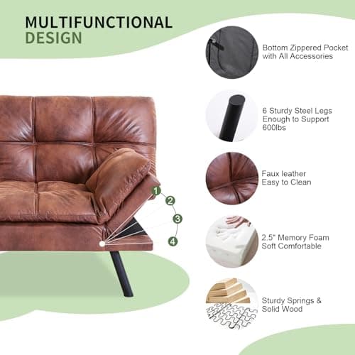 MUUEGM Futon Sofa Bed with Memory Foam, Modern Faux Leather, Adjustable Backrests and Armrests, Brown