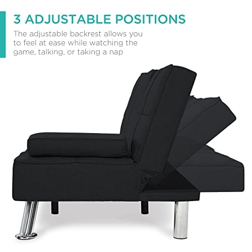Best Choice Products Reclining Linen Folding Futon Sofa Bed, 2 Cupholders - Black