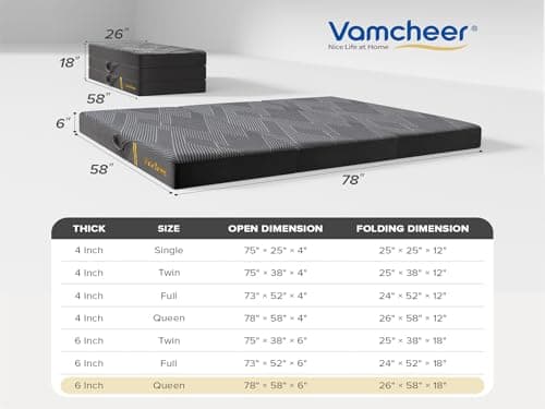 Vamcheer Tri-Fold Memory Foam Queen Mattress, 6" Thick, Grey