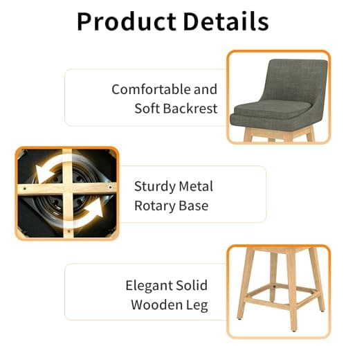 Memory Foam Upholstered Barstool Set, 26.8 Seat Height, Linen Deep Grey