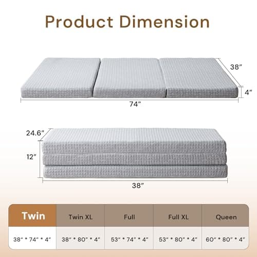 Tri-Fold 4 Inch Memory Foam Guest Mattress, Washable Cover, Non-Slip, Twin Size, Grey