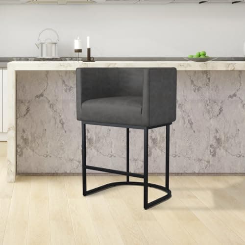 Counter Height Bar Stools with Back and Armrest, Black Metal Frames, Upholstered in Dark Grey Faux Leather