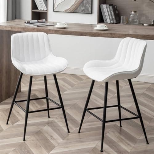 White Bar Stools with Fabric Upholstery for Kitchen and Bar (Set of 2).