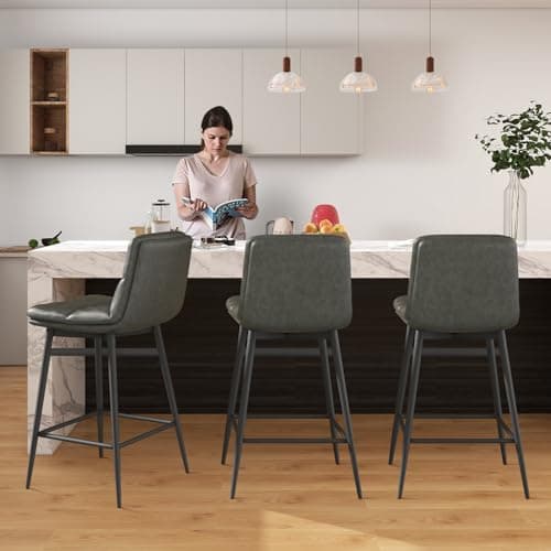 Upholstered Bar Stools Set of 2 with Back and Metal Legs for Kitchen Island - Dark Grey