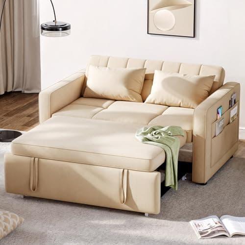 3-in-1 Cat-Scratch-Proof Grey Sofa Bed, 55" Living Room Loveseat with Pull-Out Bed and Adjust Backrest