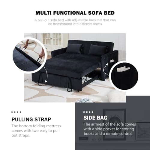 55.51" Black Velvet Futon Sofa Bed with Pullout Bed & Adjustable Backrest