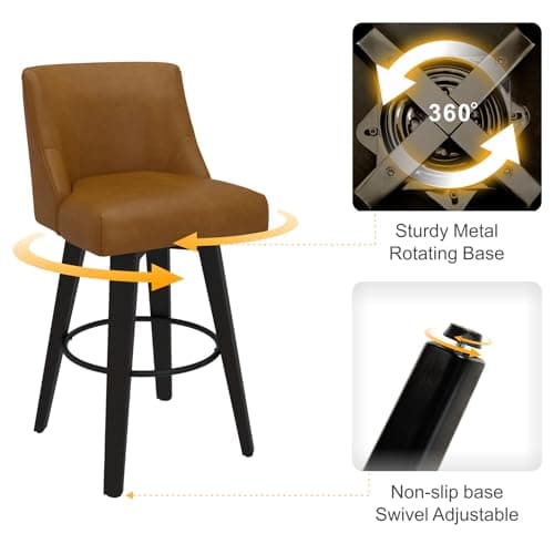Swivel Counter Height Bar Stools Set of 2 with Back, 30 Inch Height, Solid Wood Stand, Faux Leather Upholstery, Thick Cushion Back - Whisky