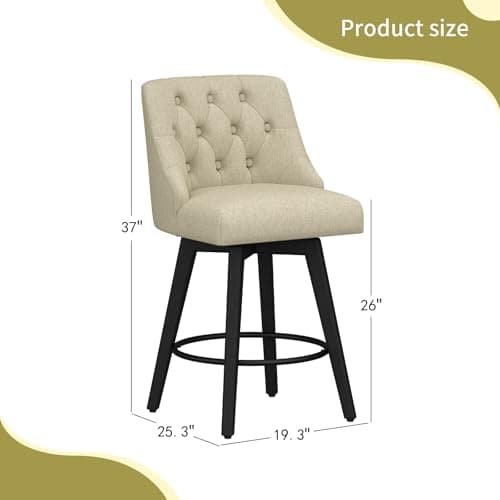 Modern Swivel Bar Stools Set of 2, Fabric Upholstered Counter Height with Back, Solid Wood Legs, Wheat