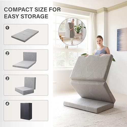 Portable Tri-Fold Memory Foam Mattress, Single, 4 inch, Washable Cover, Travel Mat, 75×25×4, Grey
