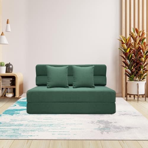ANONER Queen Size Fold Out Couch Bed with Memory Foam, 2 Pillows, Dark Green