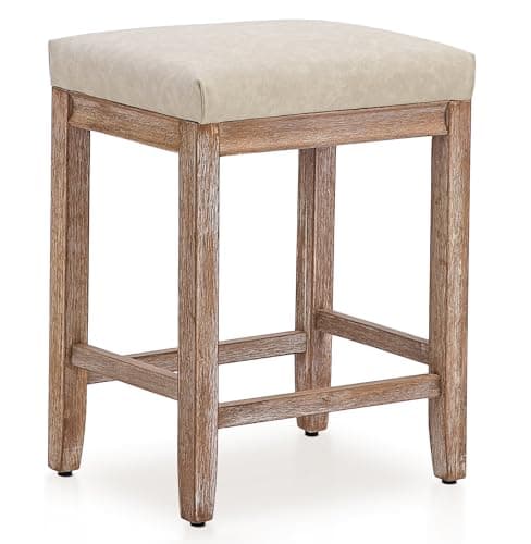 Modern Khaki Faux Leather Bar Stool Set, Counter Height 3 Pack Wood Legs