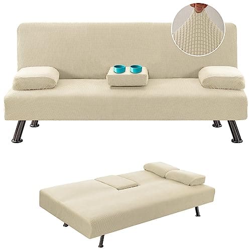 Stretch Futon Sofa Bed Slipcover with Removable Armrests and Cupholders - Grey